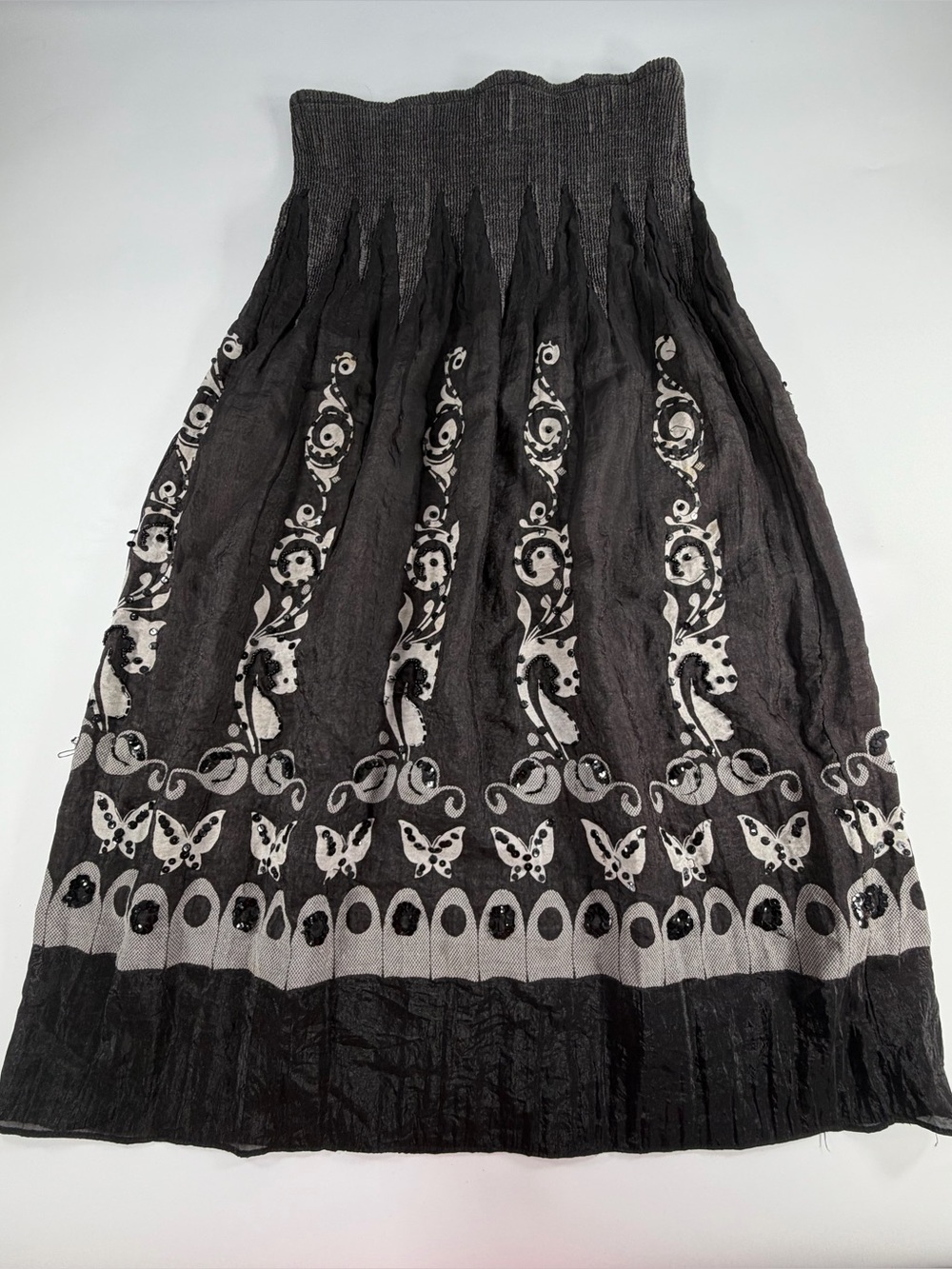 Lapis Black Crinkle Maxi Skirt Smocked Waist Butterfly Beaded Size One